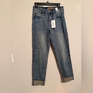 Judy blue mid rise medium vintage wash boyfriend with side panel and roll cuff